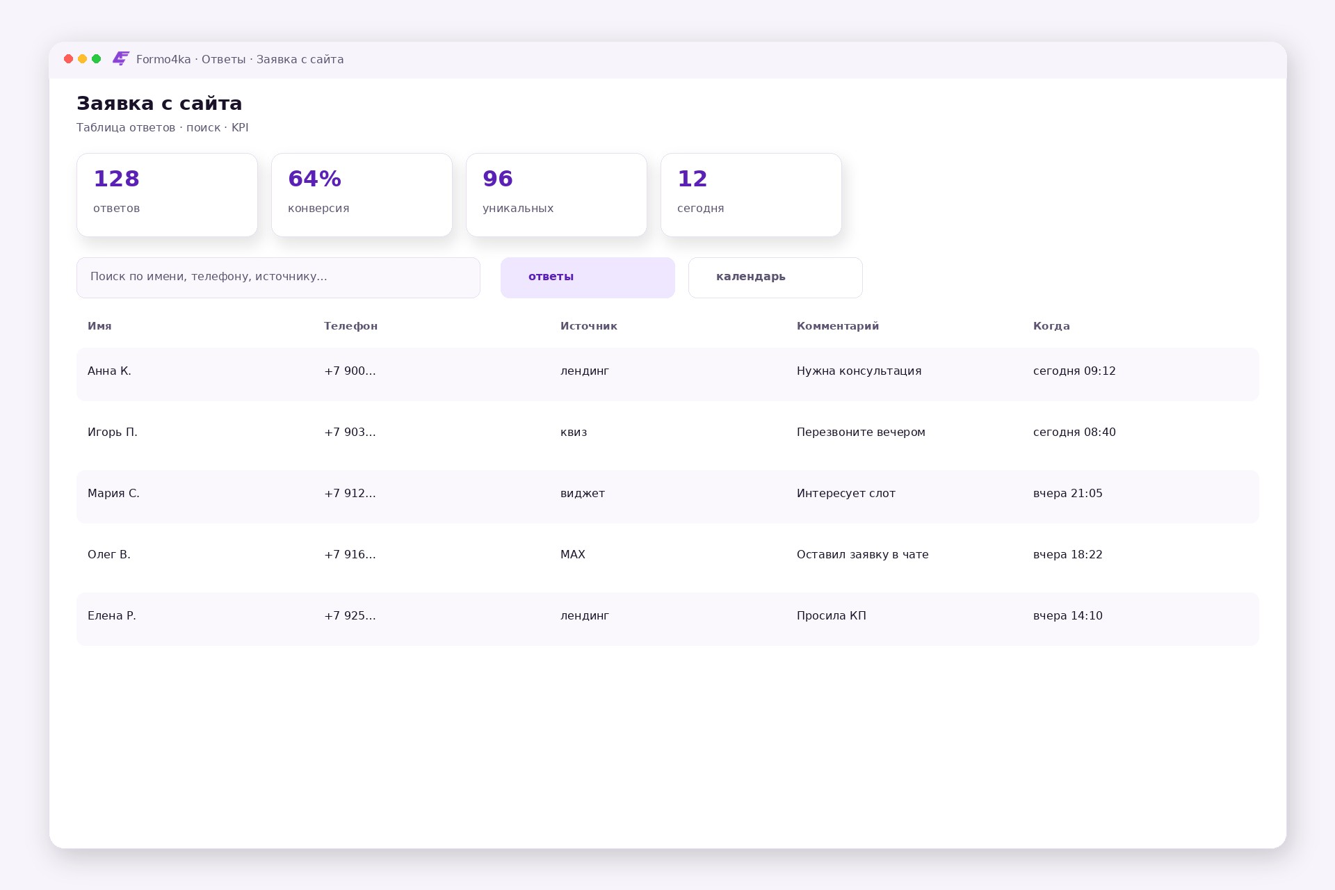 Таблица ответов Formo4ka с KPI и быстрым фильтром